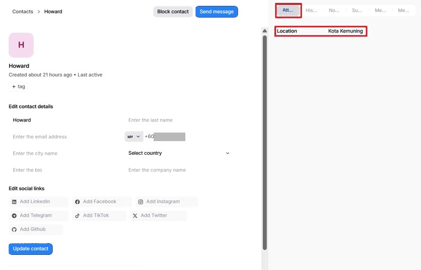 A contact's details, with Location on the Attributes tab