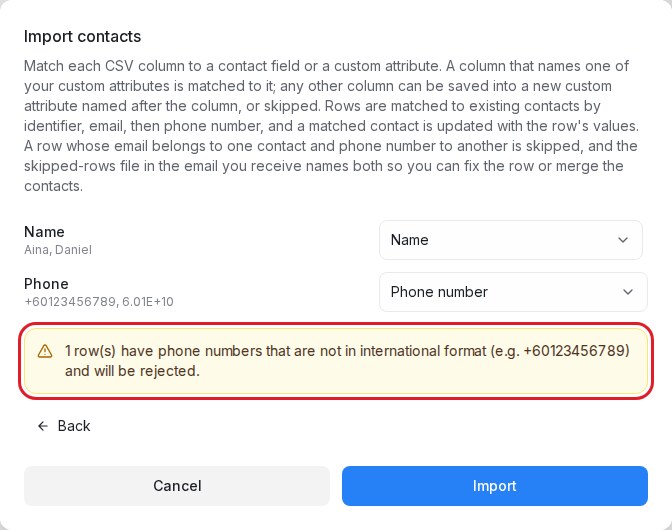 The Import contacts window warning about one phone number that will be rejected