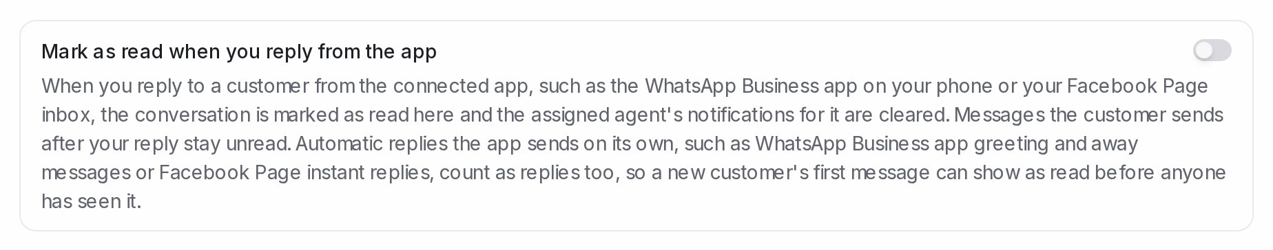The Mark as read when you reply from the app switch on an inbox Settings tab