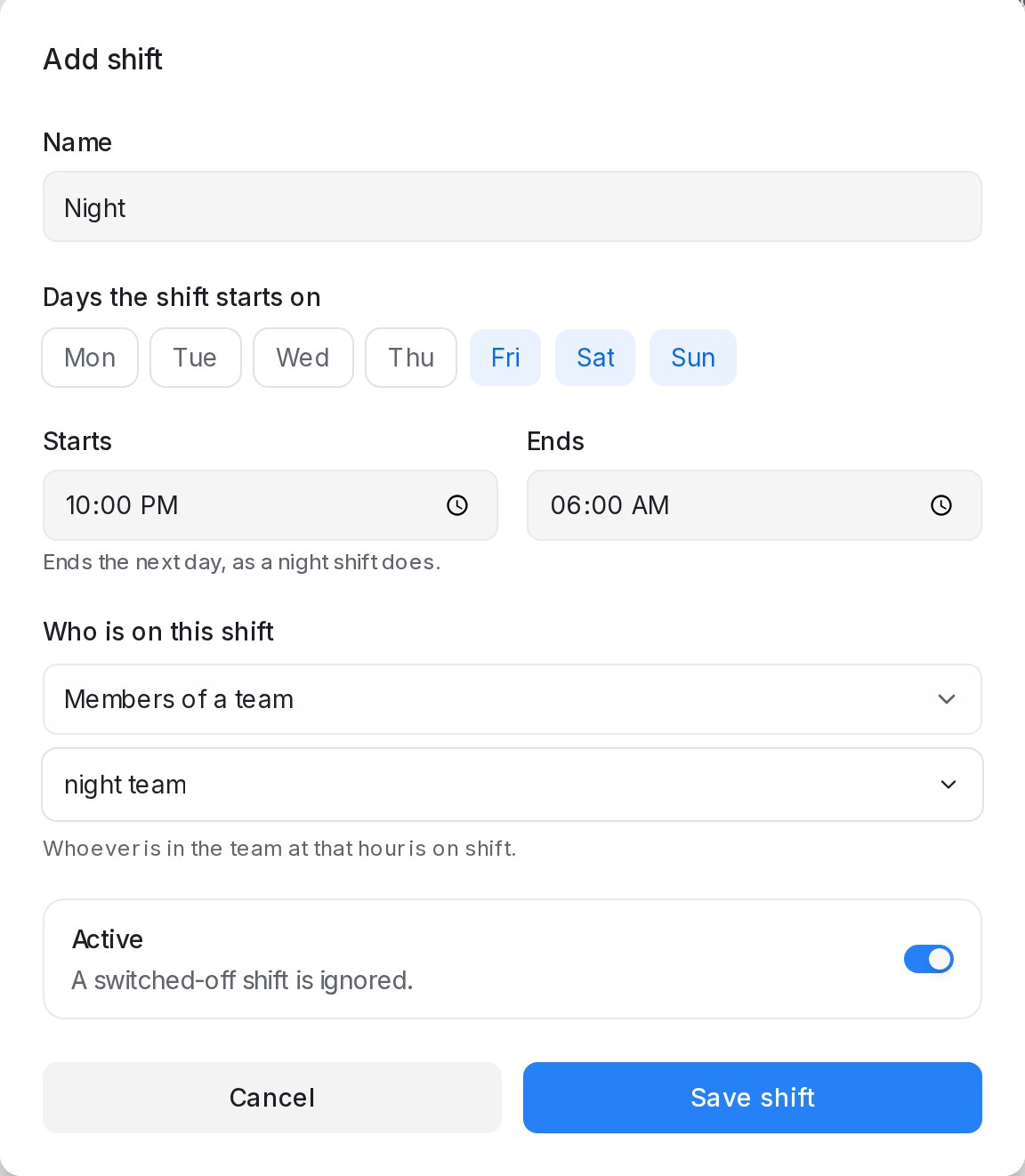 The Add shift dialog filled in for a night shift