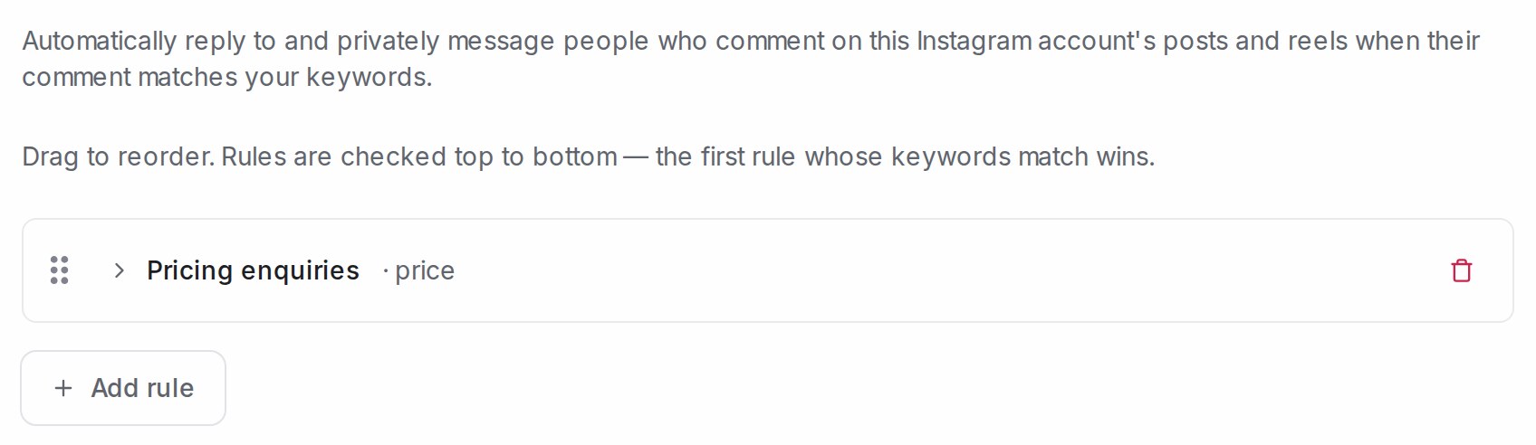 Tab Comment Replies dengan peraturan yang disimpan dan butang Add rule