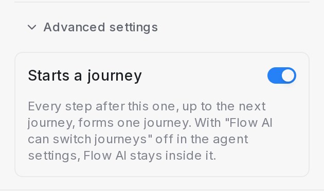 The step panel with Advanced settings expanded and Starts a journey switched on