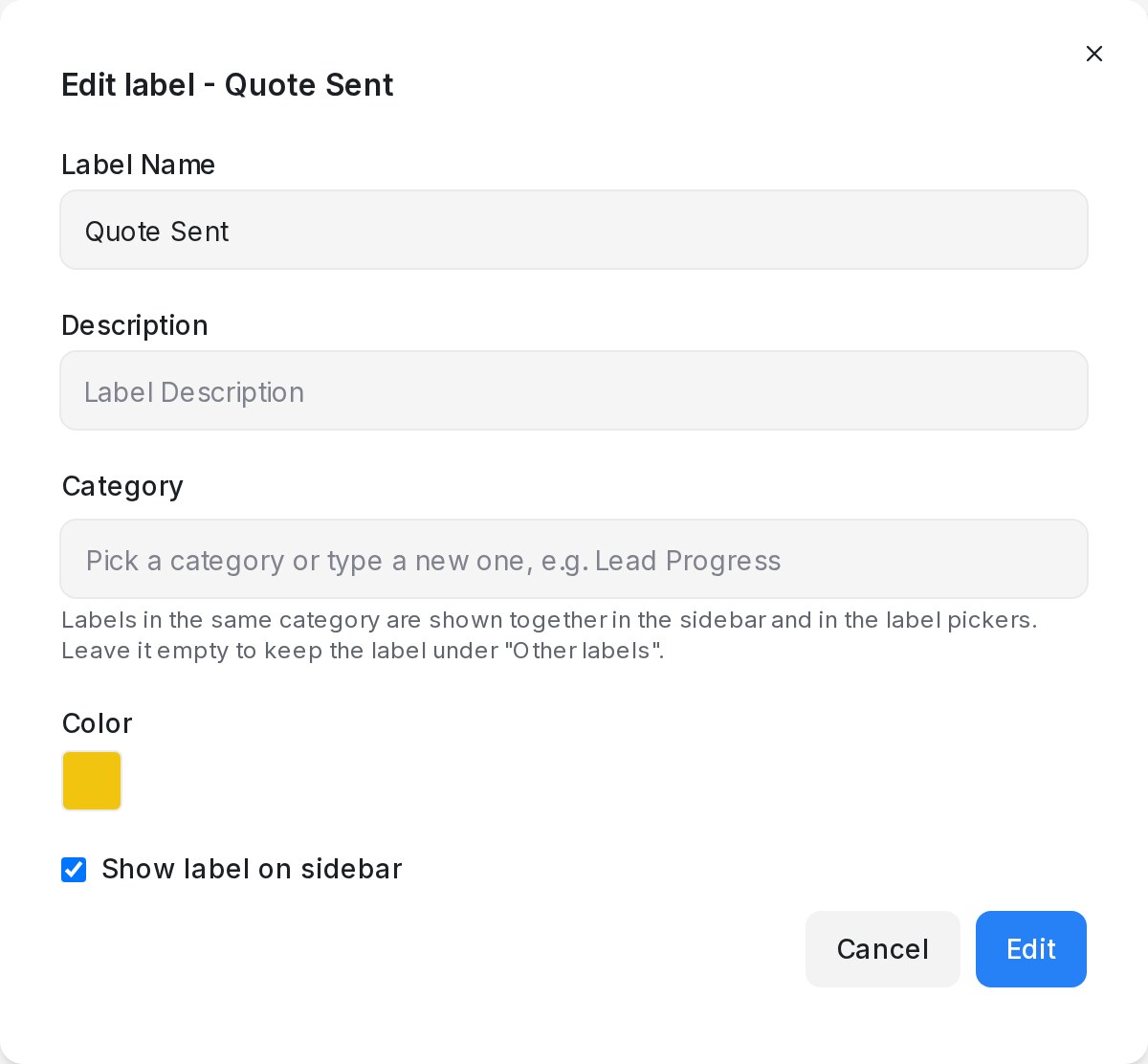 Edit label dialog with the Category field set to Lead Progress