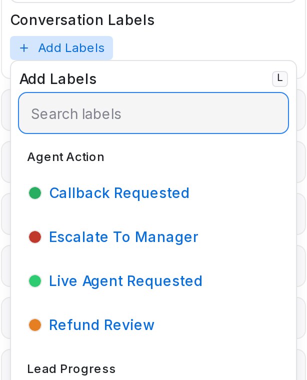 Add Labels picker with labels listed under the Agent Action and Lead Progress headings