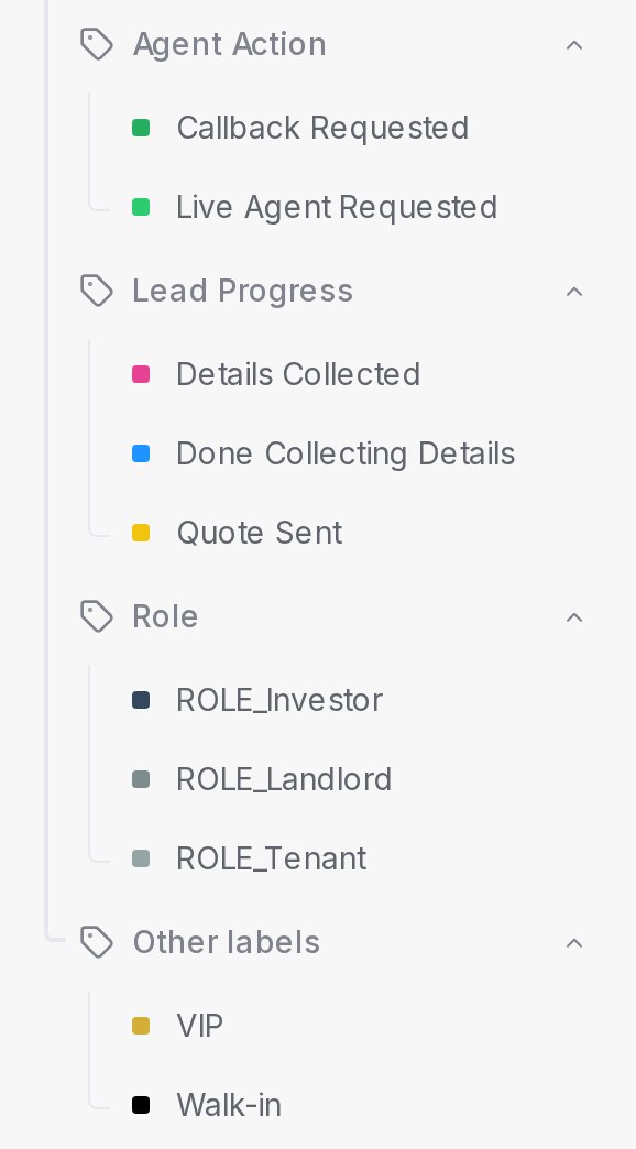 Sidebar with the label groups Agent Action, Lead Progress, Role and Other labels