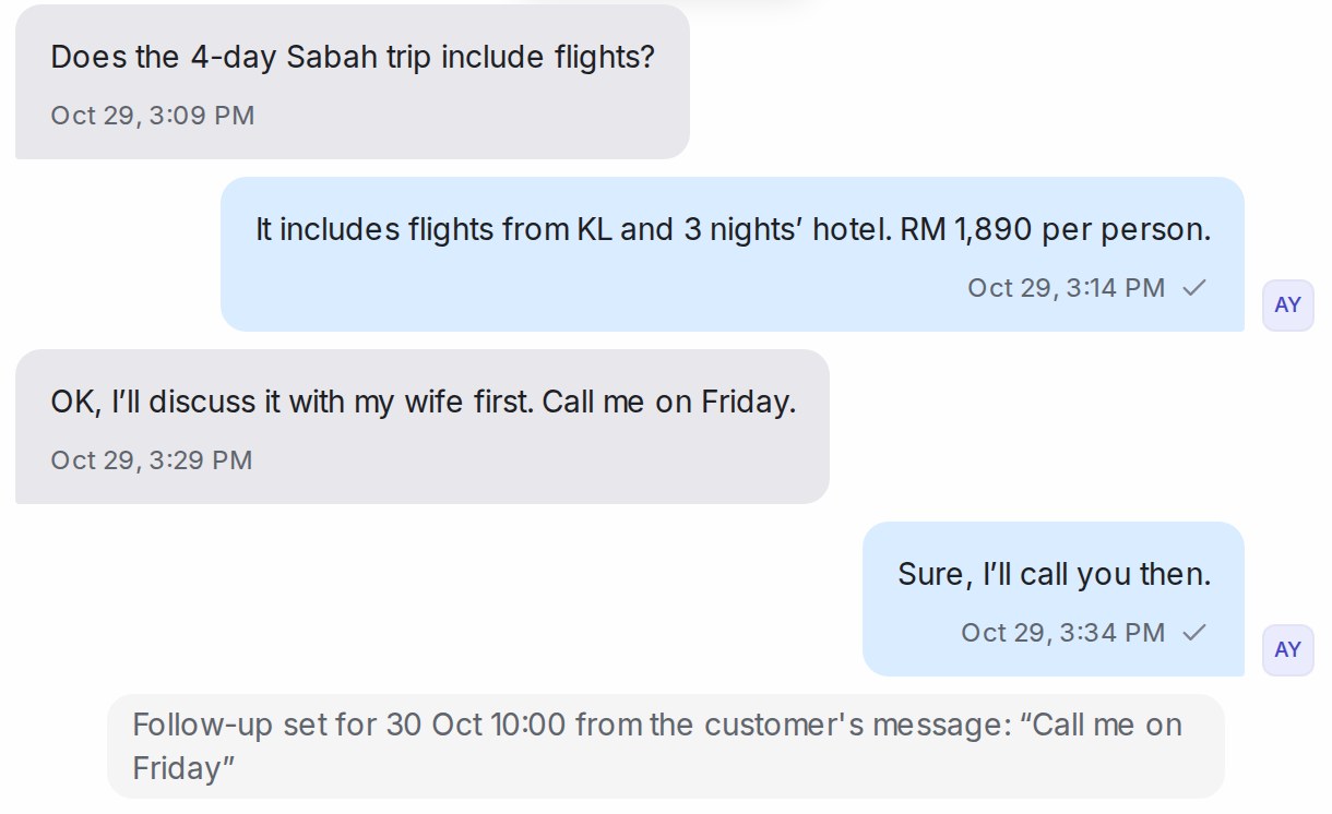 The chat line that records the follow-up time the customer asked for