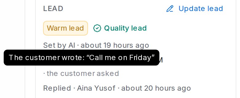 Hovering the date on the Lead card shows the customer's own words