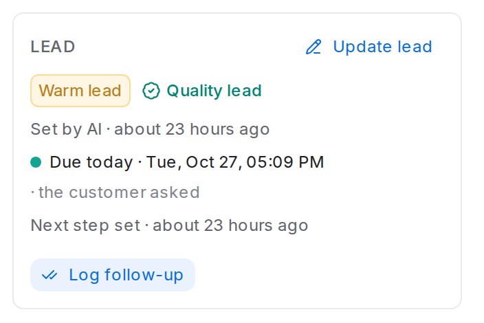 The Lead card in the conversation panel, showing a Warm lead due today that the customer asked for