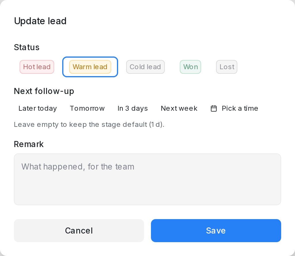 The Update lead dialog with Status, Next follow-up and Remark