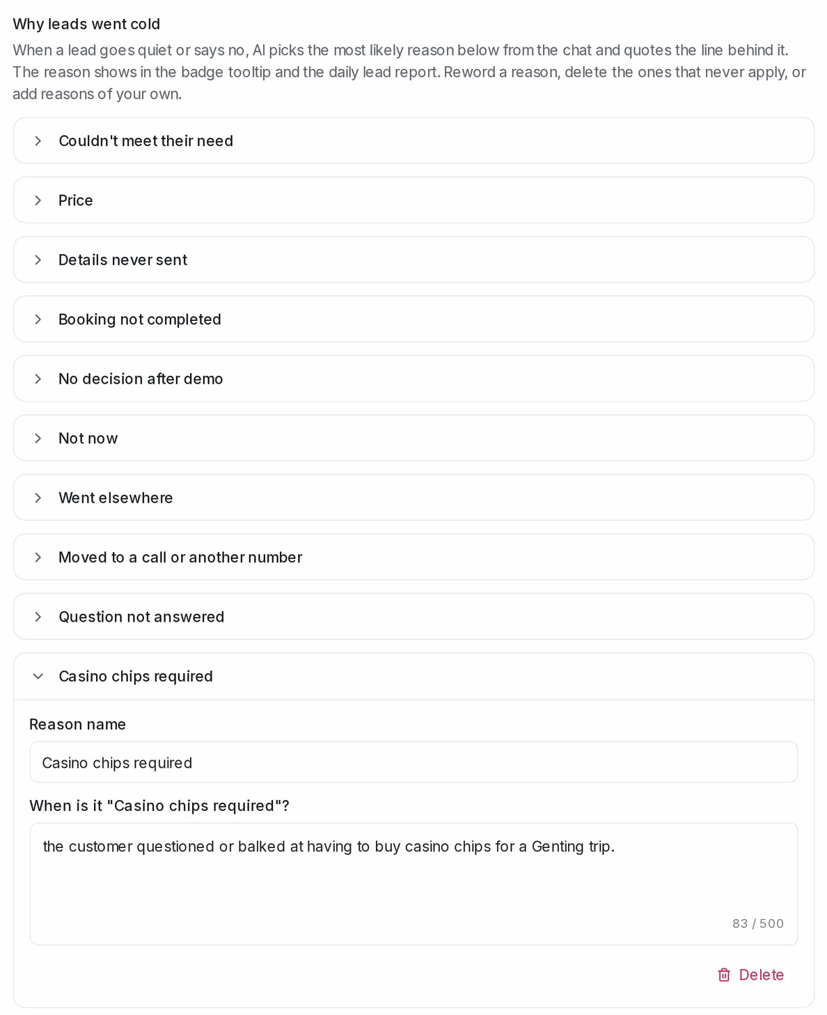 Settings → AI Monitoring 中的 Why leads went cold,展开了一个自定义原因