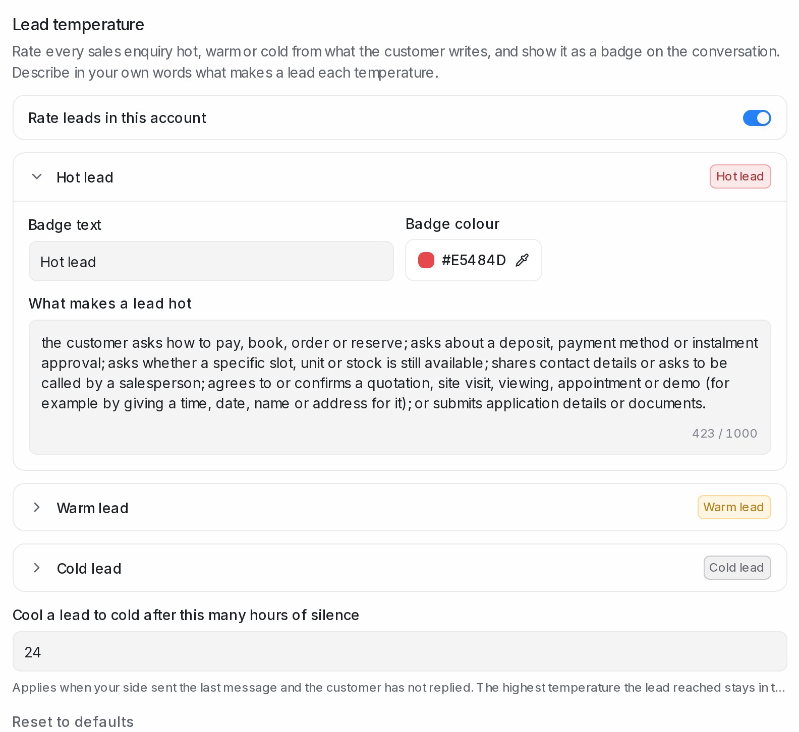 Lead temperature settings with the Hot lead card expanded