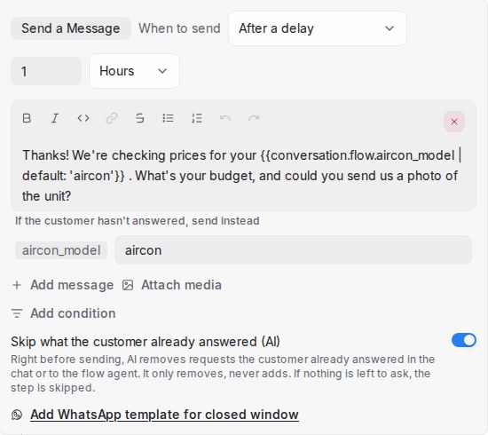 A sequence step using a flow agent answer, its fallback box and the Skip what the customer already answered switch