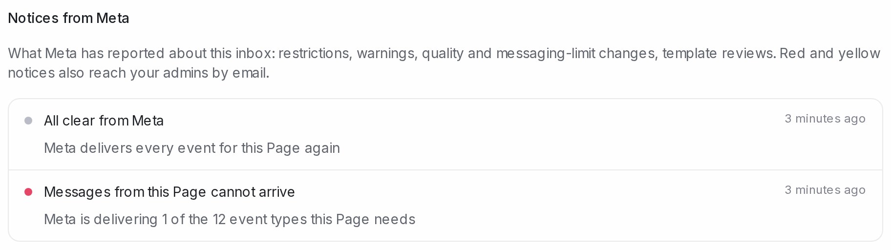 The Notices from Meta list with an all-clear entry