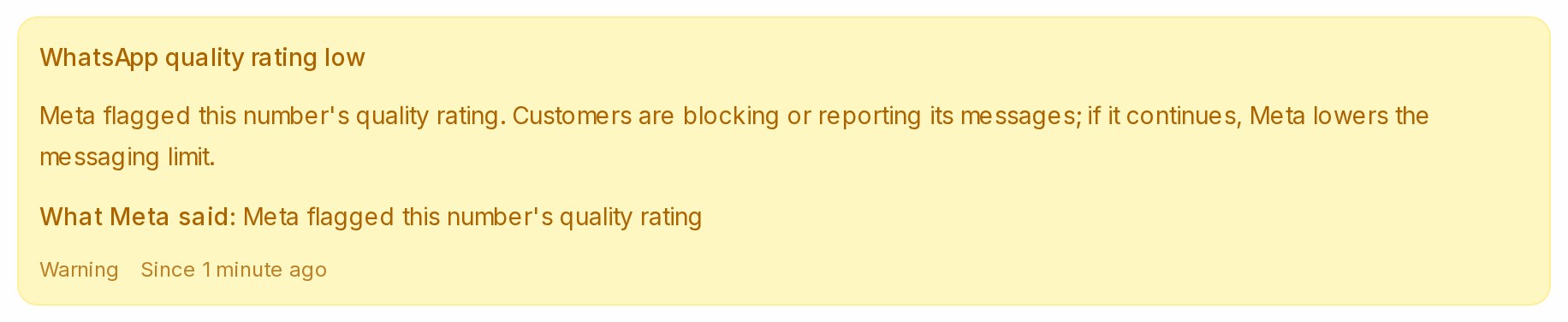 A yellow notice on a WhatsApp API number