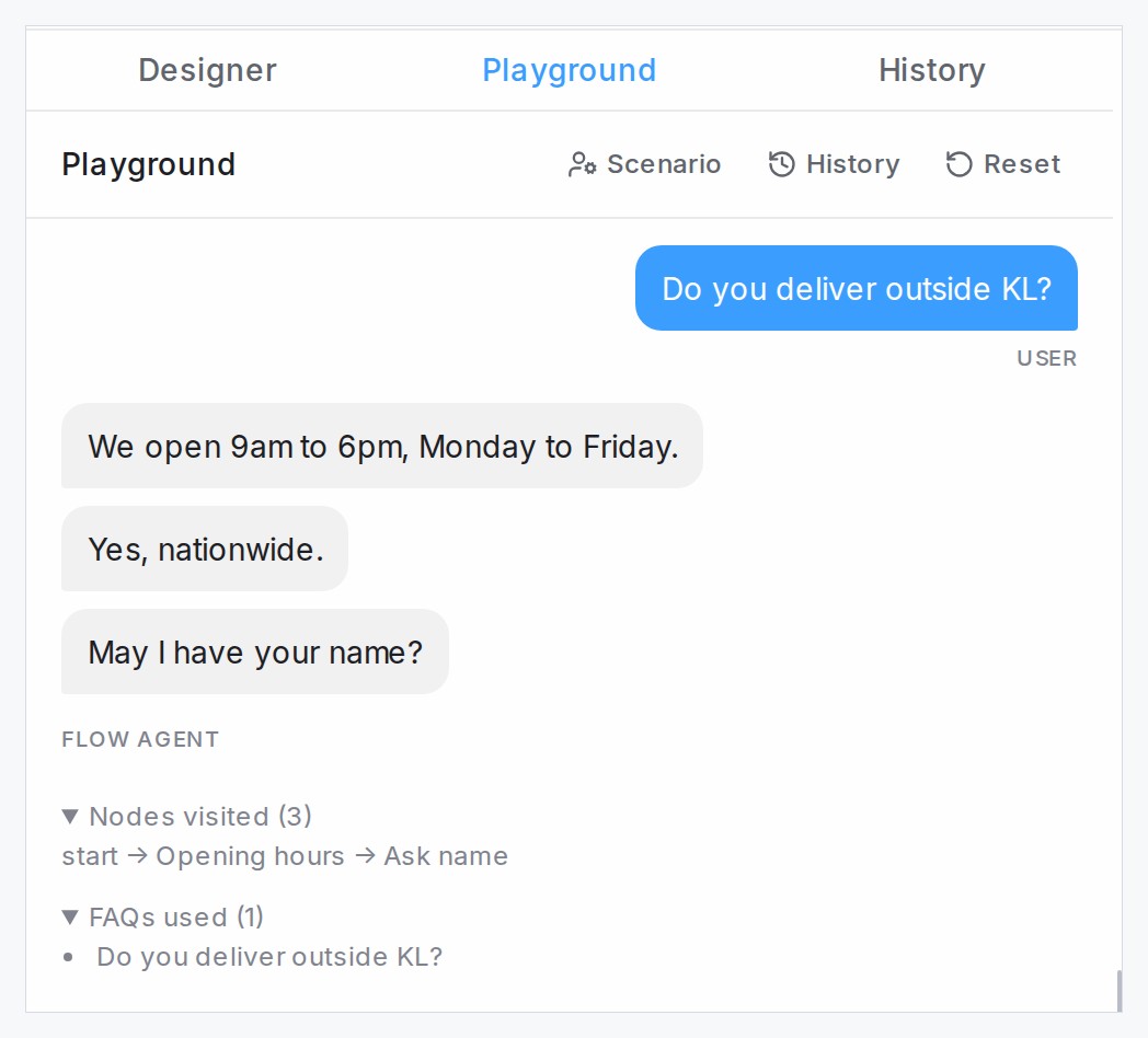 Nodes visited and FAQs used under a Playground reply