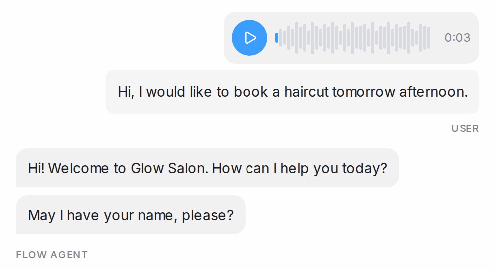 A sent voice message with the transcript under it and the agent's reply