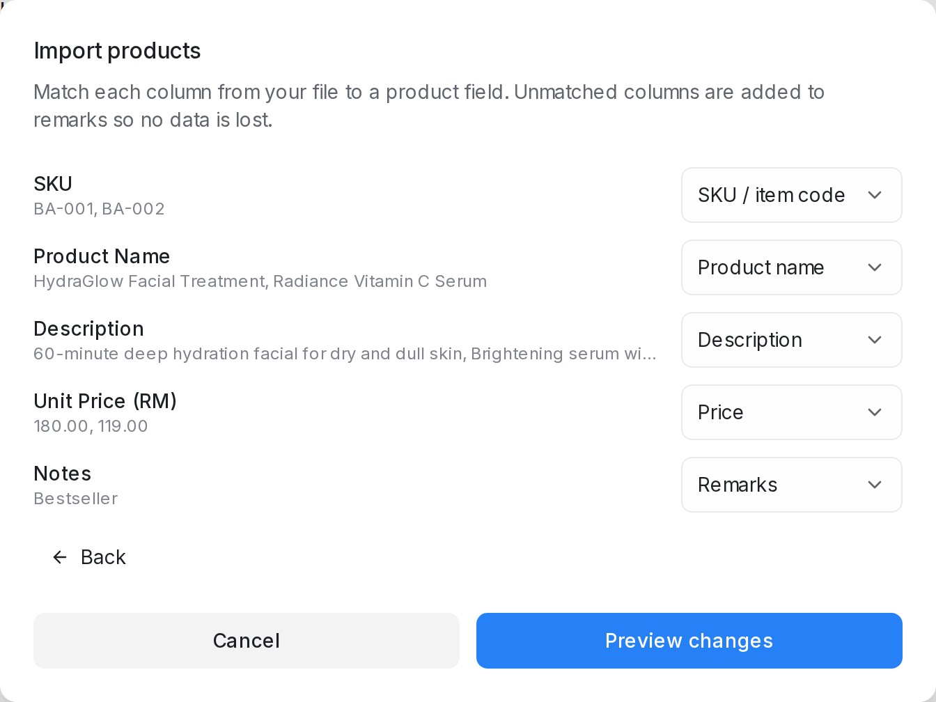 Matching file columns to product fields