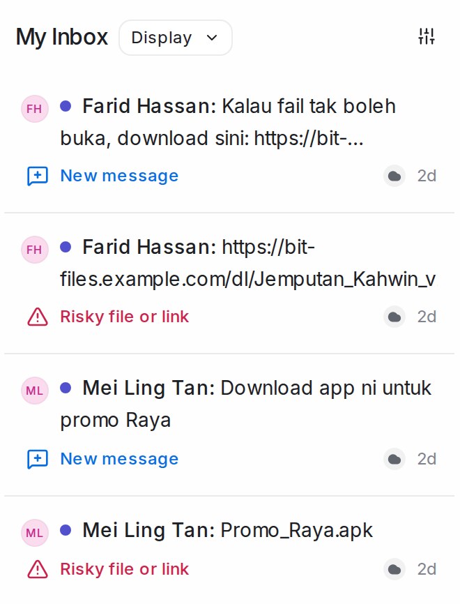 Risky file or link notices in My Inbox beside the chat's New message entries