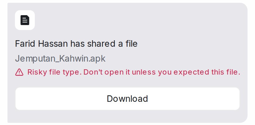A customer's apk file with the red Risky file type warning