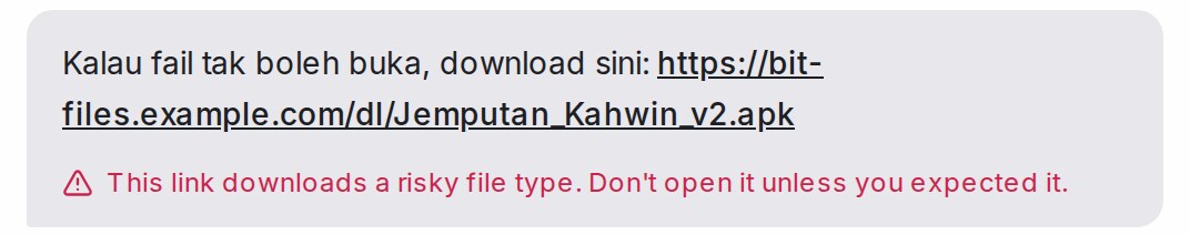 A customer's link to an apk file with the red link warning