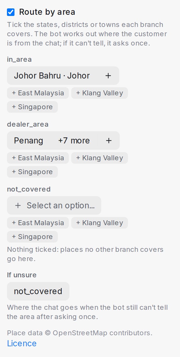 The Route by area section of a Condition step: ticked places per branch, shortcuts, If unsure and the place data credit