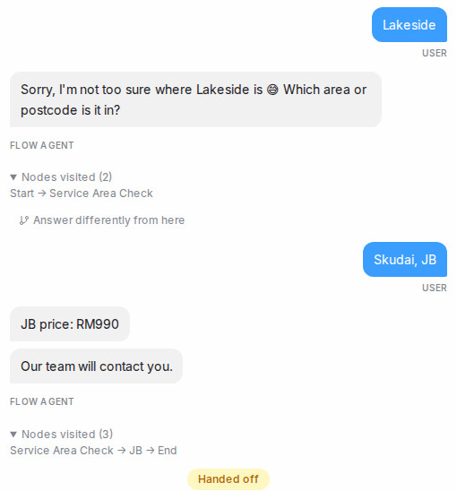 A Playground test: the bot is not sure where Lakeside is and asks once, then routes "Skudai, JB" to the JB branch