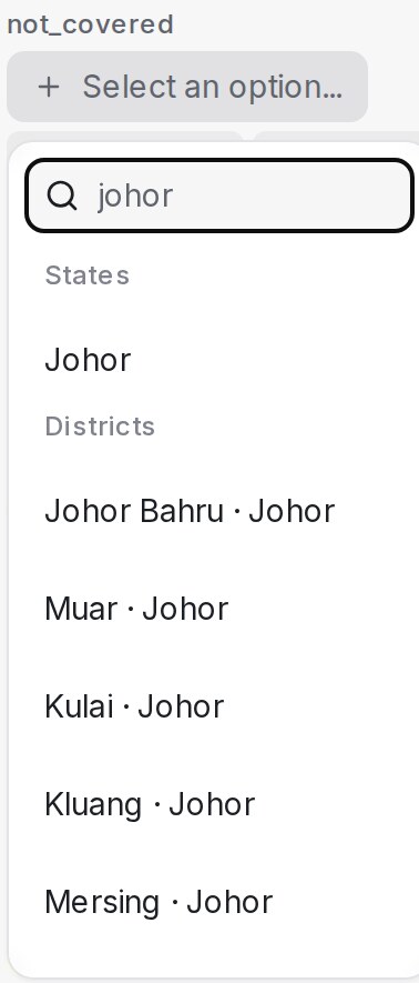 Searching "johor" lists the state, then its districts