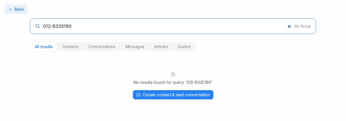 Halaman carian tanpa hasil dengan butang Create contact & start conversation