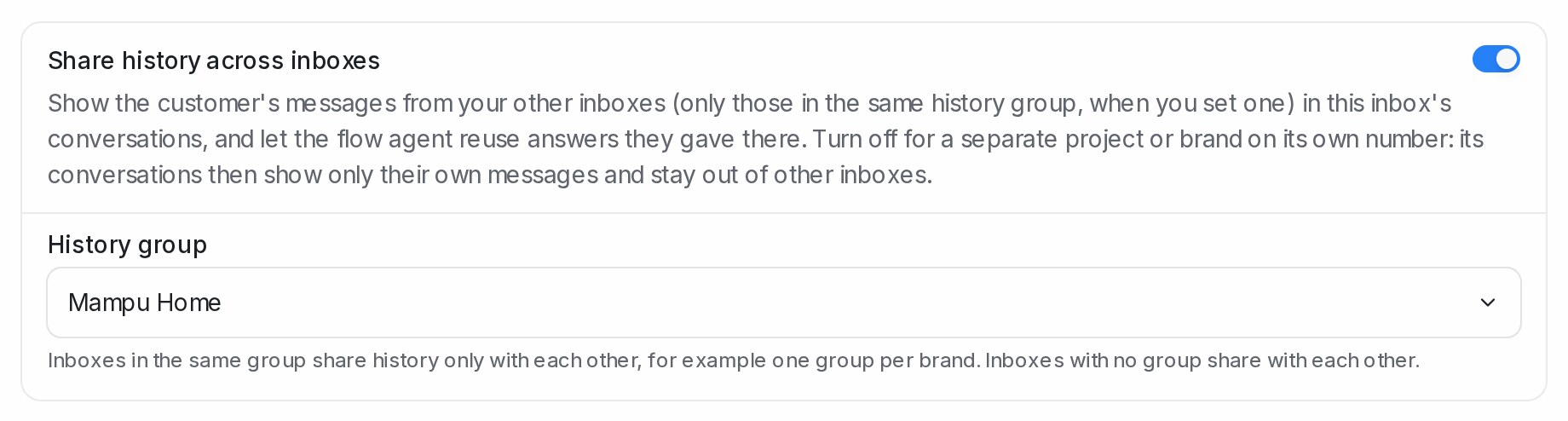 The Share history across inboxes switch with the History group picker set to Mampu Home