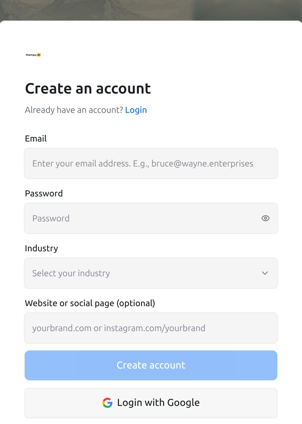 The sign-up page