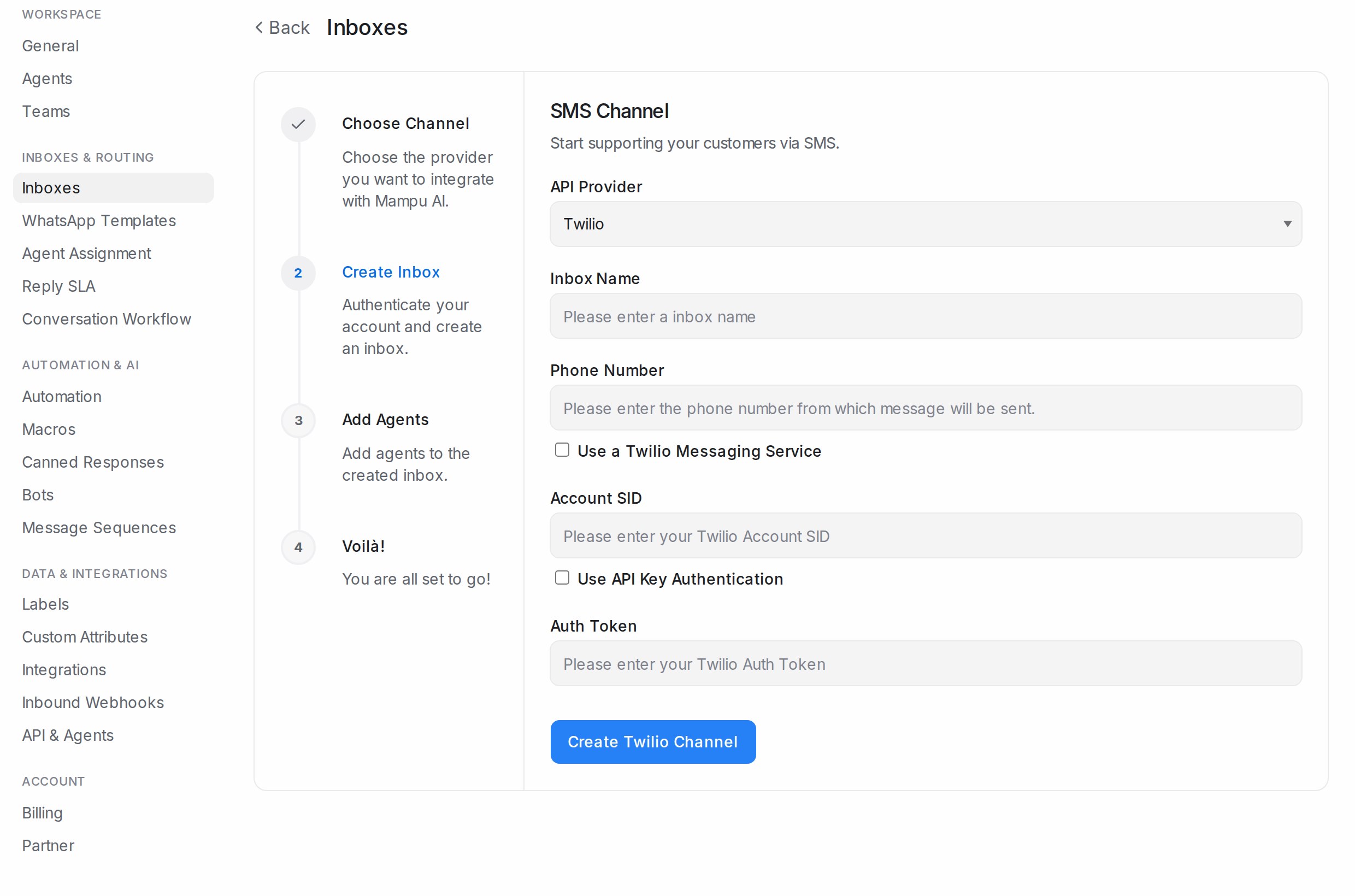 SMS channel form with Twilio selected