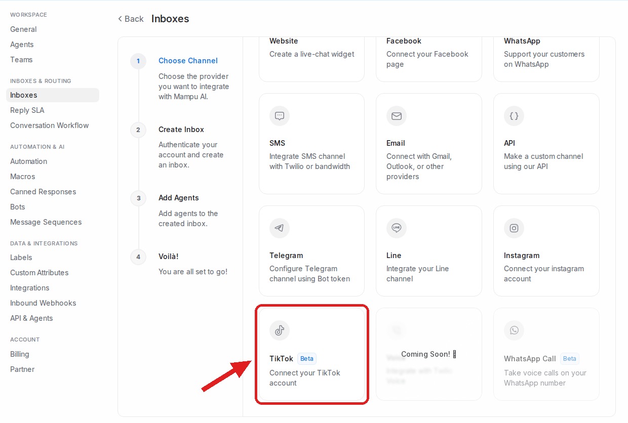 Add Inbox channel list with TikTok highlighted