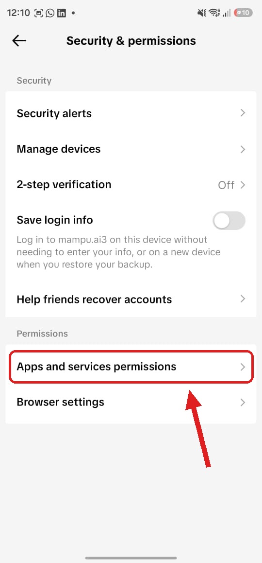 Security & permissions screen with Apps and services permissions highlighted