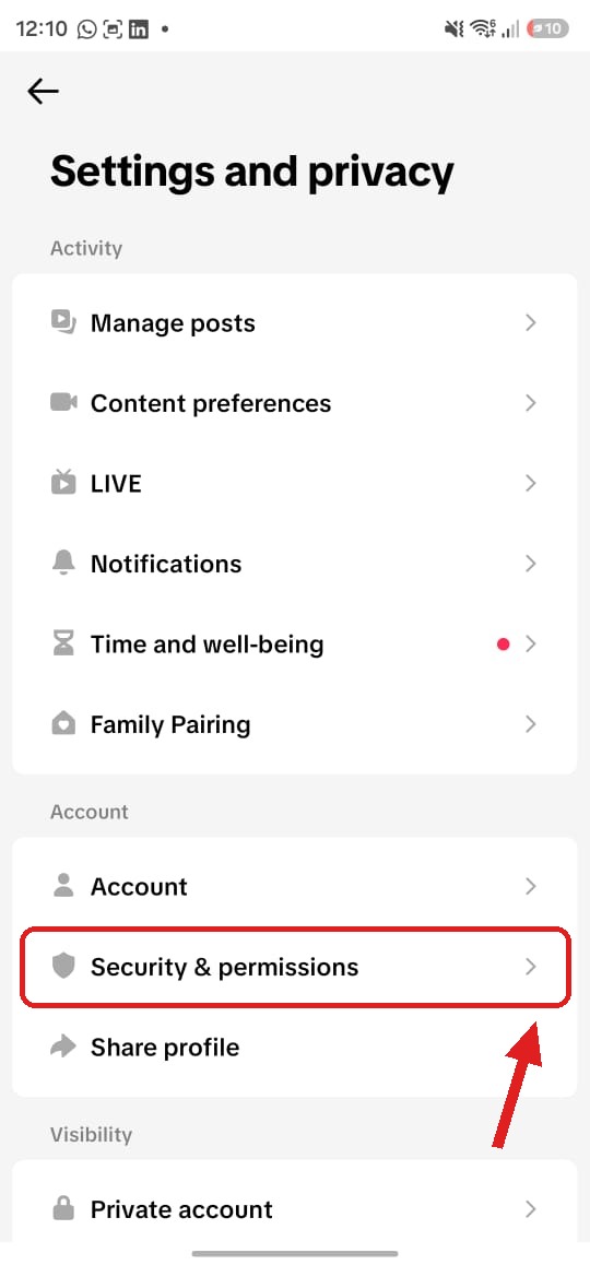 Settings and privacy screen with Security & permissions highlighted