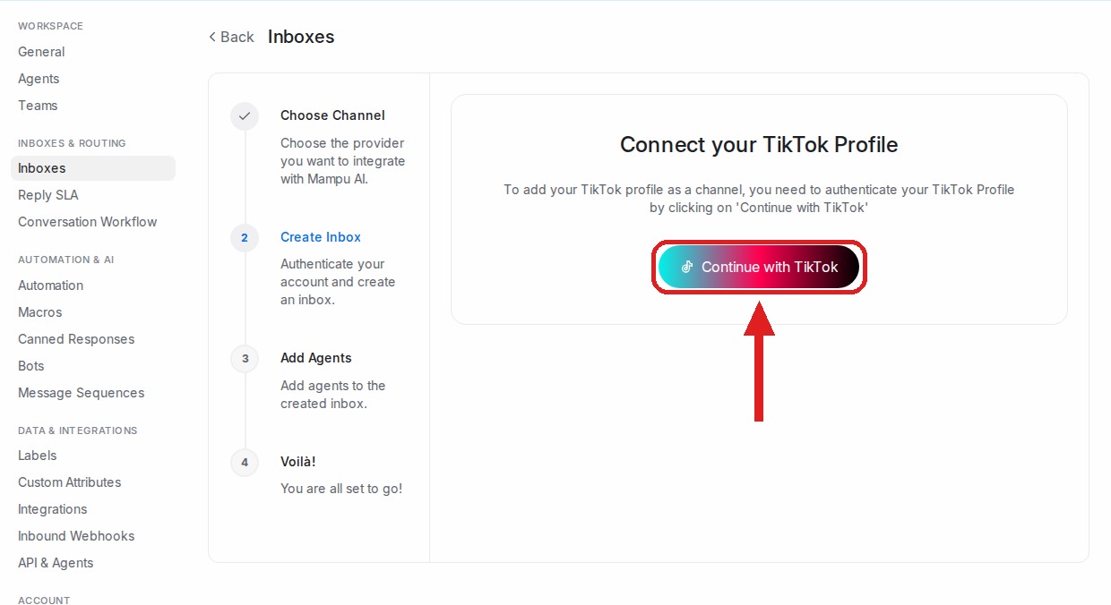 Connect your TikTok Profile step with the Continue with TikTok button highlighted