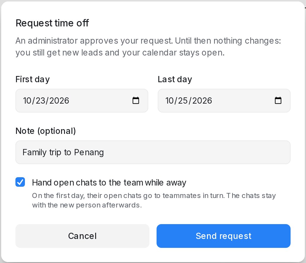 Dialog Request time off dengan kotak serahan ditanda