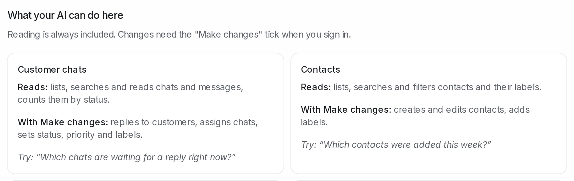 Senarai What your AI can do here dengan kad Customer chats dan Contacts