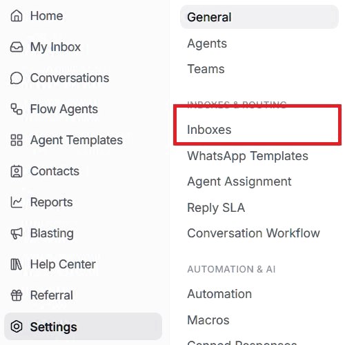 The settings menu with Inboxes highlighted