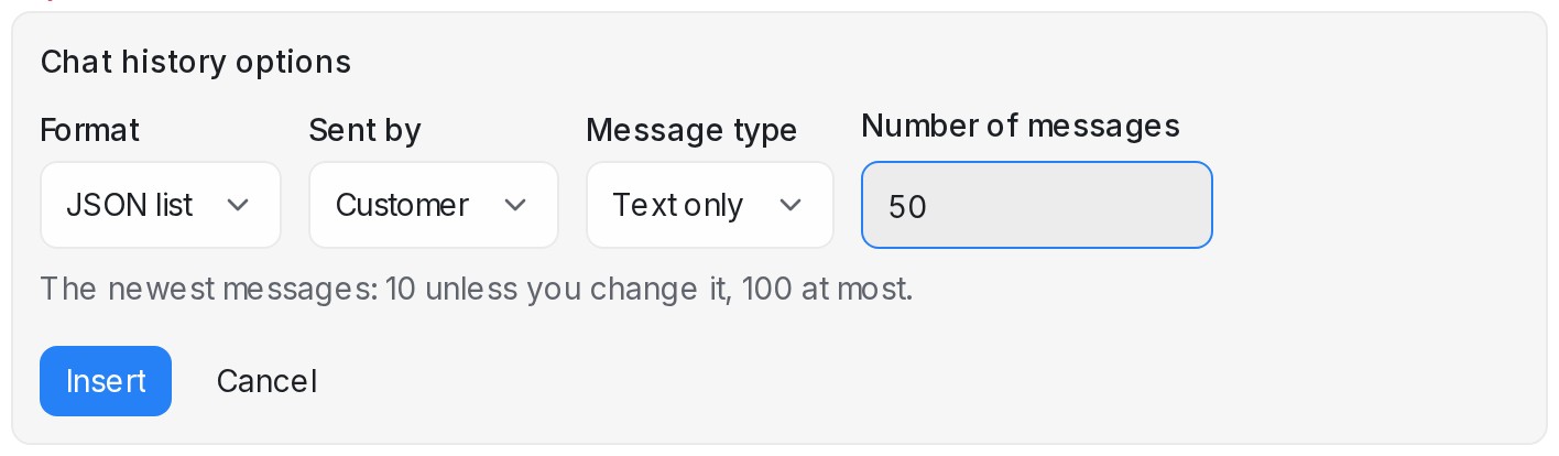 Chat history options: Format, Sent by, Message type and Number of messages