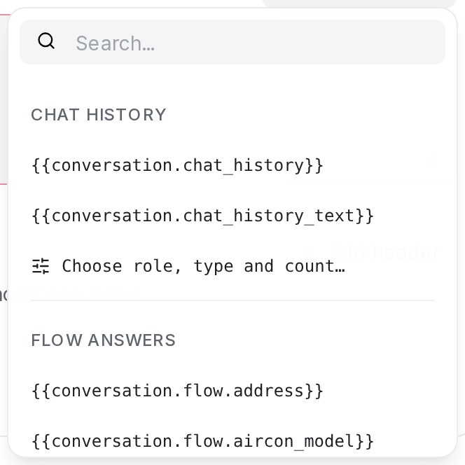 The Insert variable menu, scrolled to the Chat history section