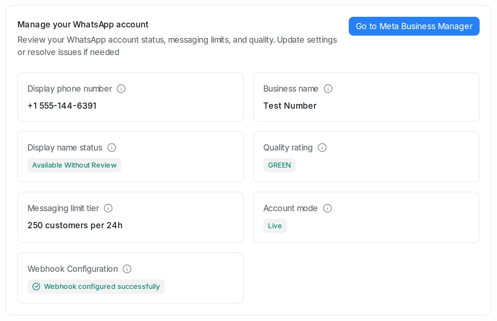 Tab Account Health peti masuk WhatsApp yang menunjukkan status nama paparan, penarafan kualiti, had penghantaran mesej dan mod akaun