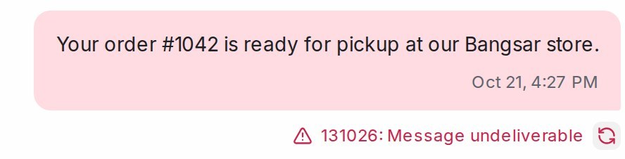 A sent message with a red warning icon and Meta's error under it