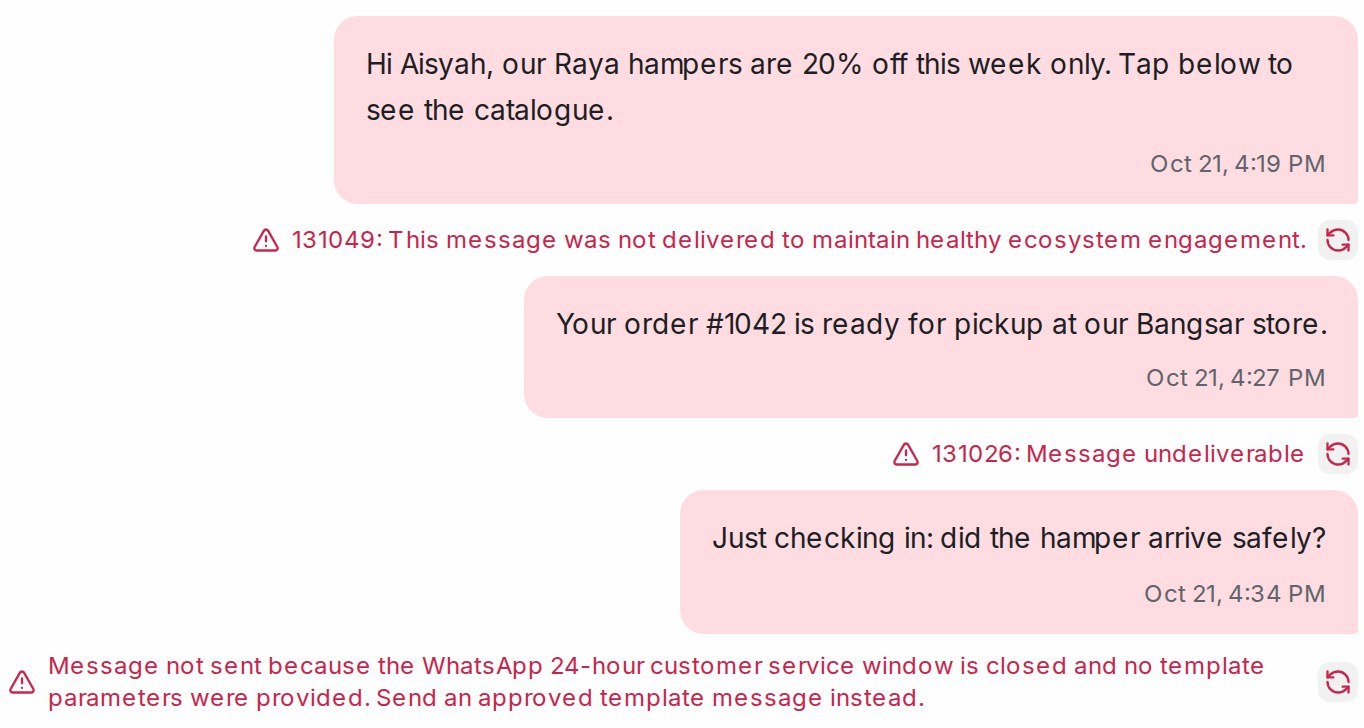 Three failed messages, each with a different red error under it