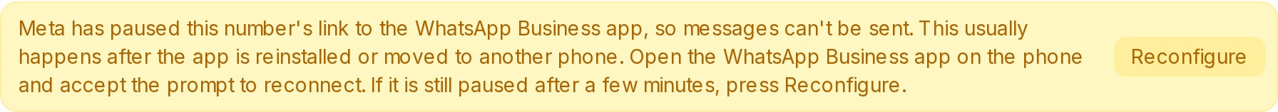 The notice for a WhatsApp Business app number whose link is paused