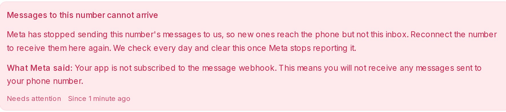 The red notice when Meta stops sending a number's messages