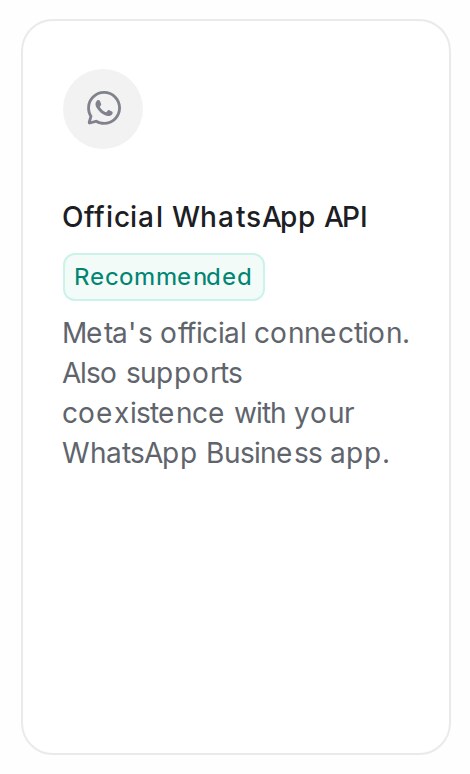 The Official WhatsApp API card, marked Recommended