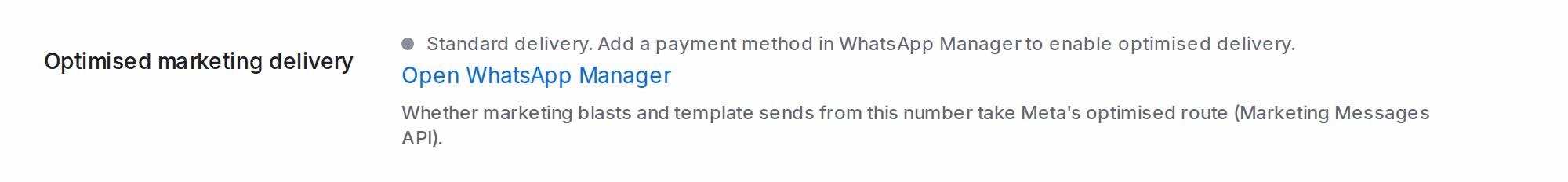 The Optimised marketing delivery row in a WhatsApp API number's Configuration tab