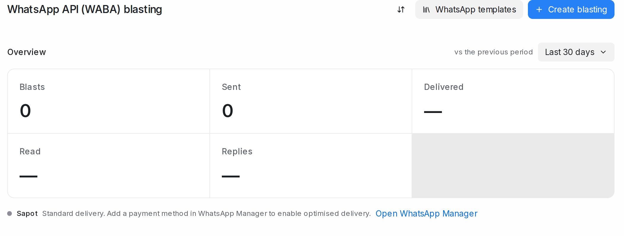 The Optimised delivery line under a WhatsApp API number on the blast page