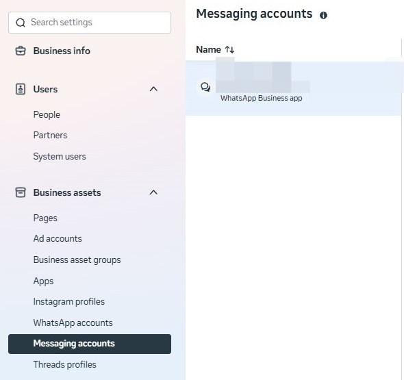 Messaging accounts under Business assets in the Meta Business Suite settings