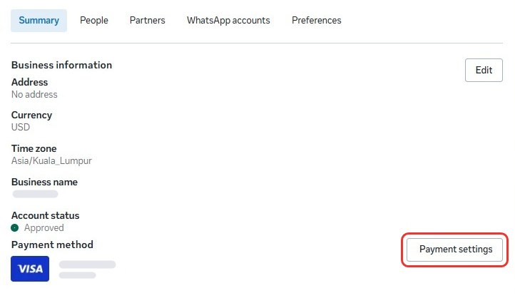 The Summary tab of a messaging account, with the card under Payment method and the Payment settings button